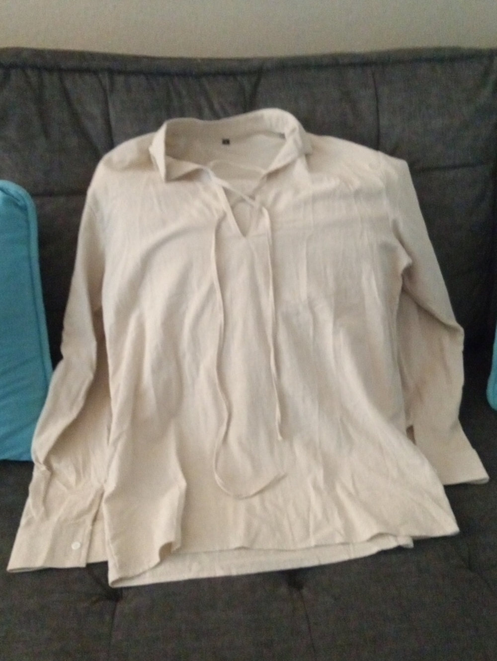 Men's Cream Long-Sleeve Tie-Neck Shirt